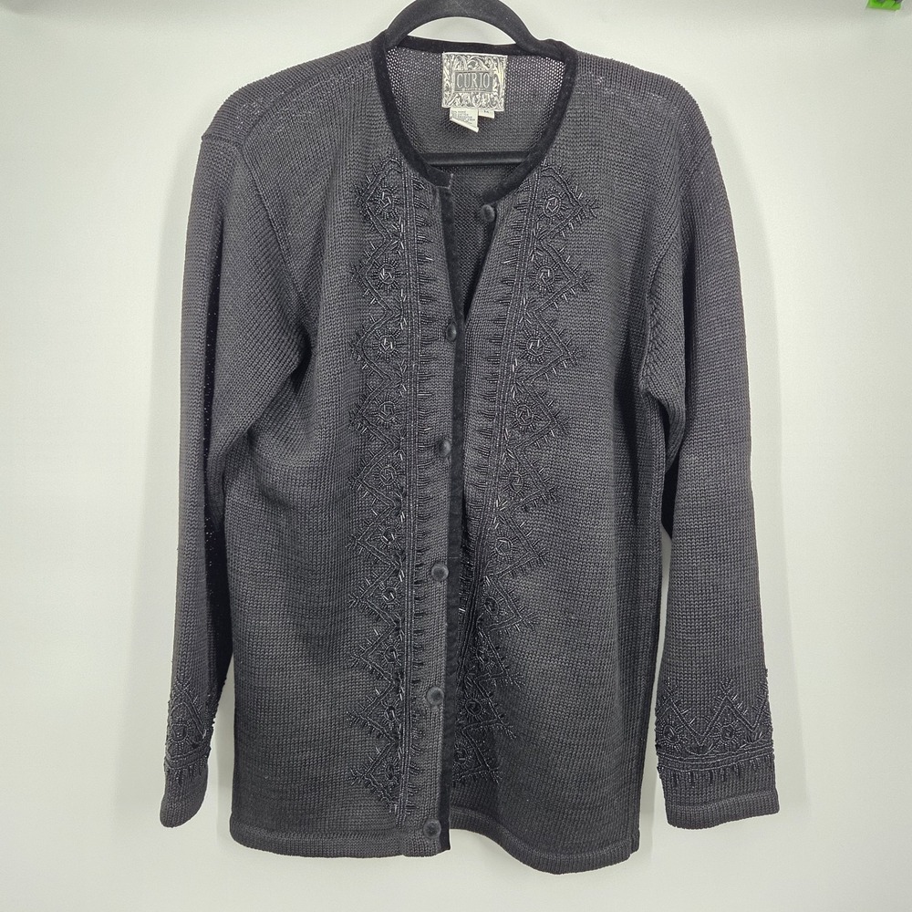 Vintage Curio Cardigan Sweater Womens M Beaded Embroidered Floral Artsy Boho